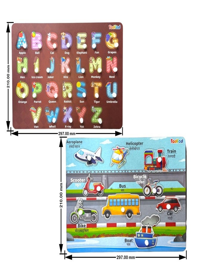 TodFod 4-in-1 Wooden Learning Board | Alphabets Numbers Shapes Vehicles Puzzle | Montessori Educational Toy for Kids 2+ Years | 35-Piece Knob Puzzle Set - Image 4